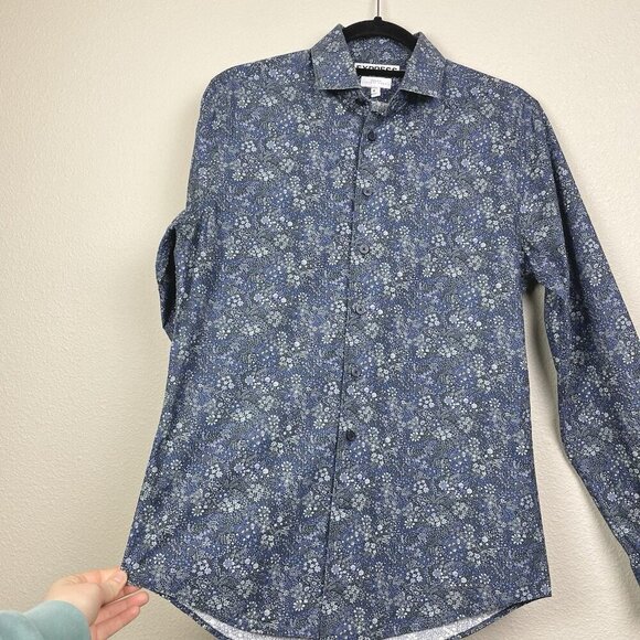 Express Men's Small Liberty Fabric Long Sleeve Collared Dress Shirt Blue Floral - Picture 9 of 14